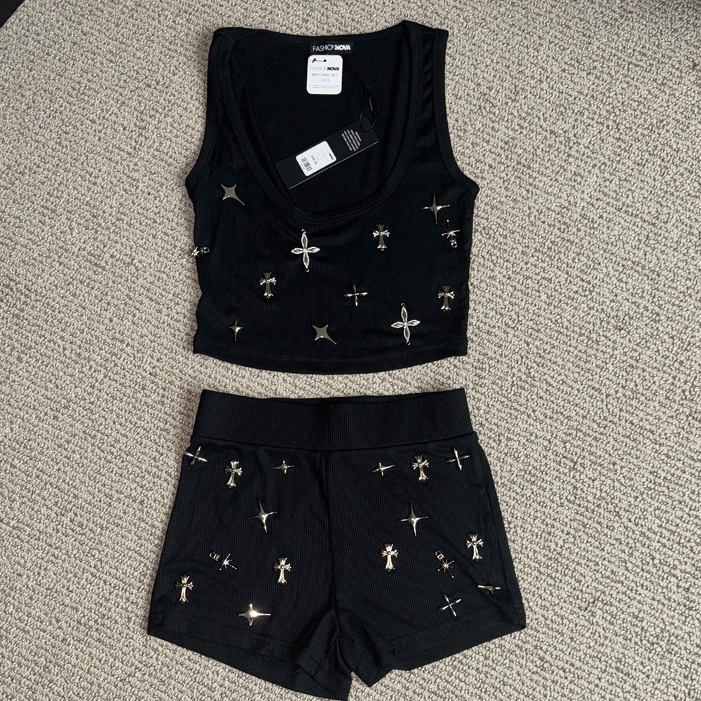 Black Embellished Charm Women's Short Set XS
